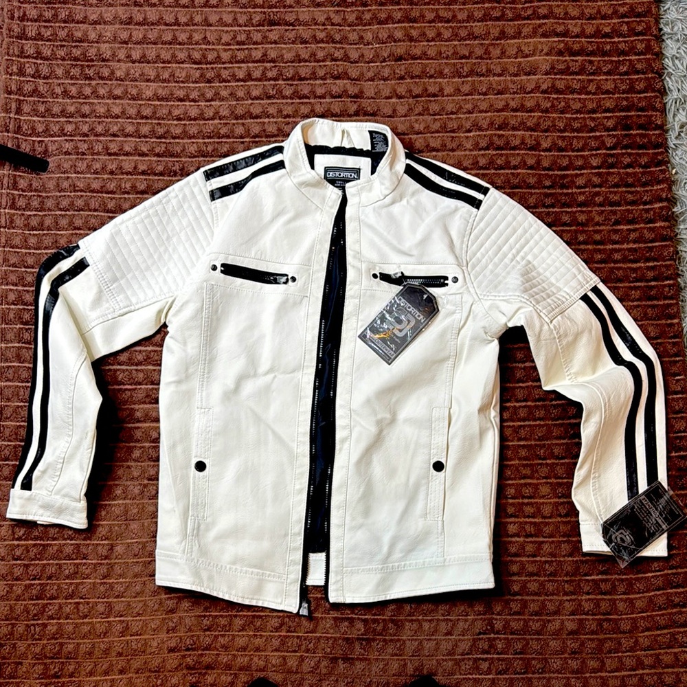 White Leather Jacket with Black Accents